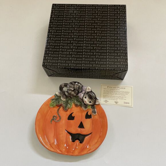 Vintage Halloween Decor Fitz & Floyd Canapé Plate Pumpkin Cat Halloween Decor‎ - Picture 1 of 12